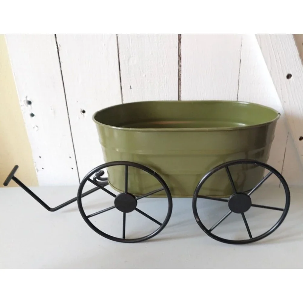 Olive Green Metal Wagon Planter w/ Rustic Black Wrought Iron Wheels Tabletop